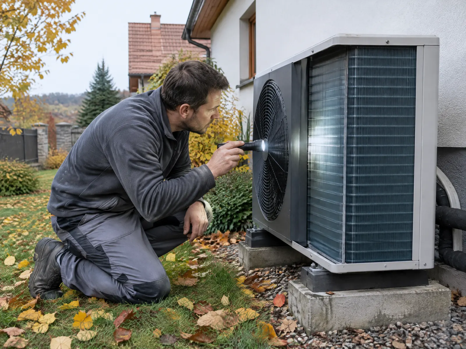 Servisní technik kontroluje venkovní jednotku – servis tepelného čerpadla před topnou sezónou