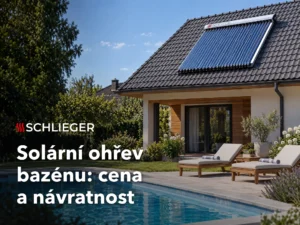 Rodinný dům se solárními kolektory na střeše a zahradním bazénem – solární ohřev bazénu