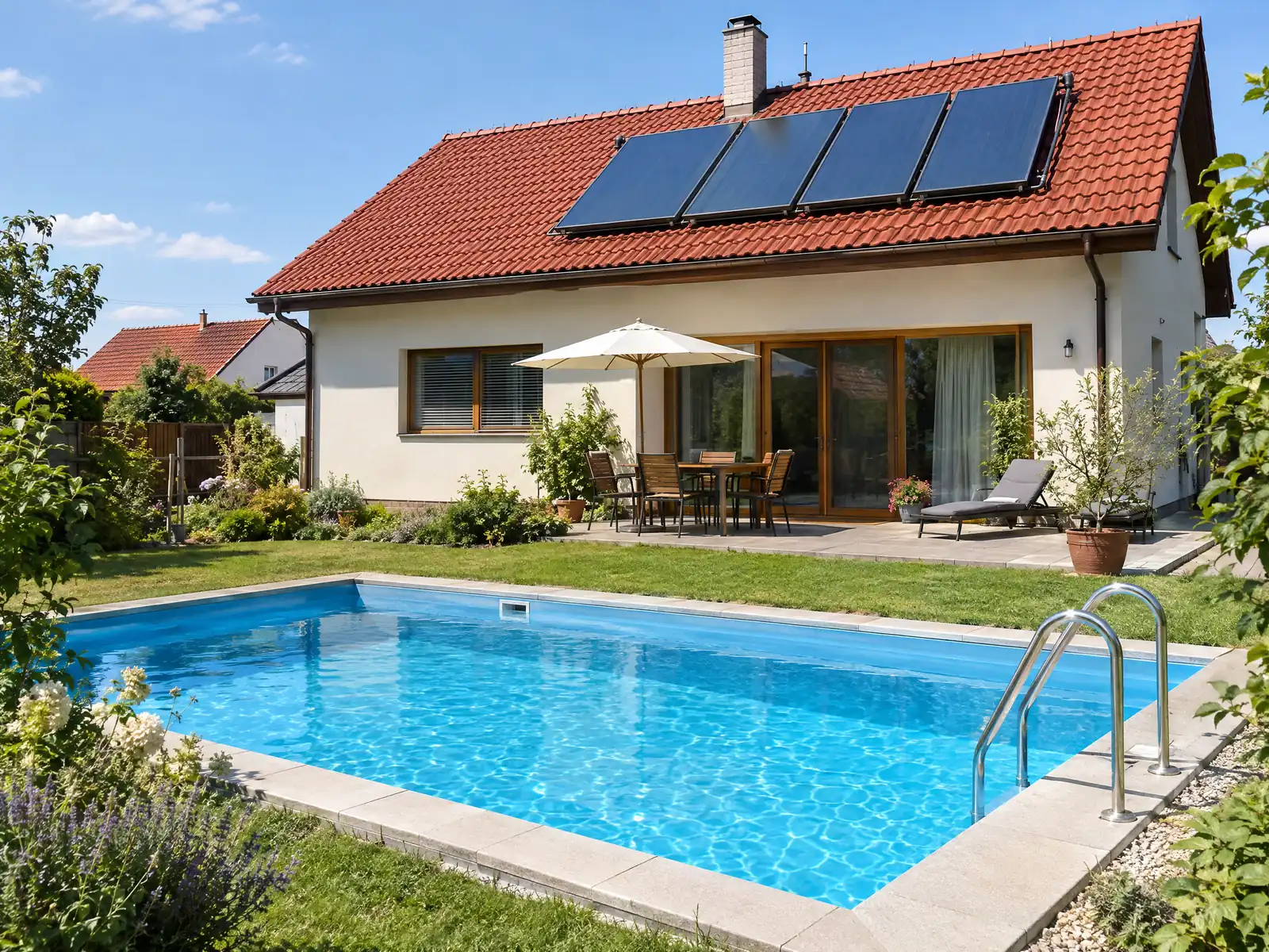 Rodinný dům se solárními kolektory na střeše a zahradním bazénem – solární ohřev bazénu